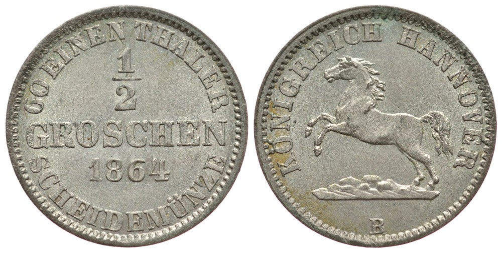 Брауншвейг-Каленберг-Ганновер 1/2 грошена 1864 В, Георг  V (1851-1866) KM 235, AKS 149 серебро  aUNC  413-2814