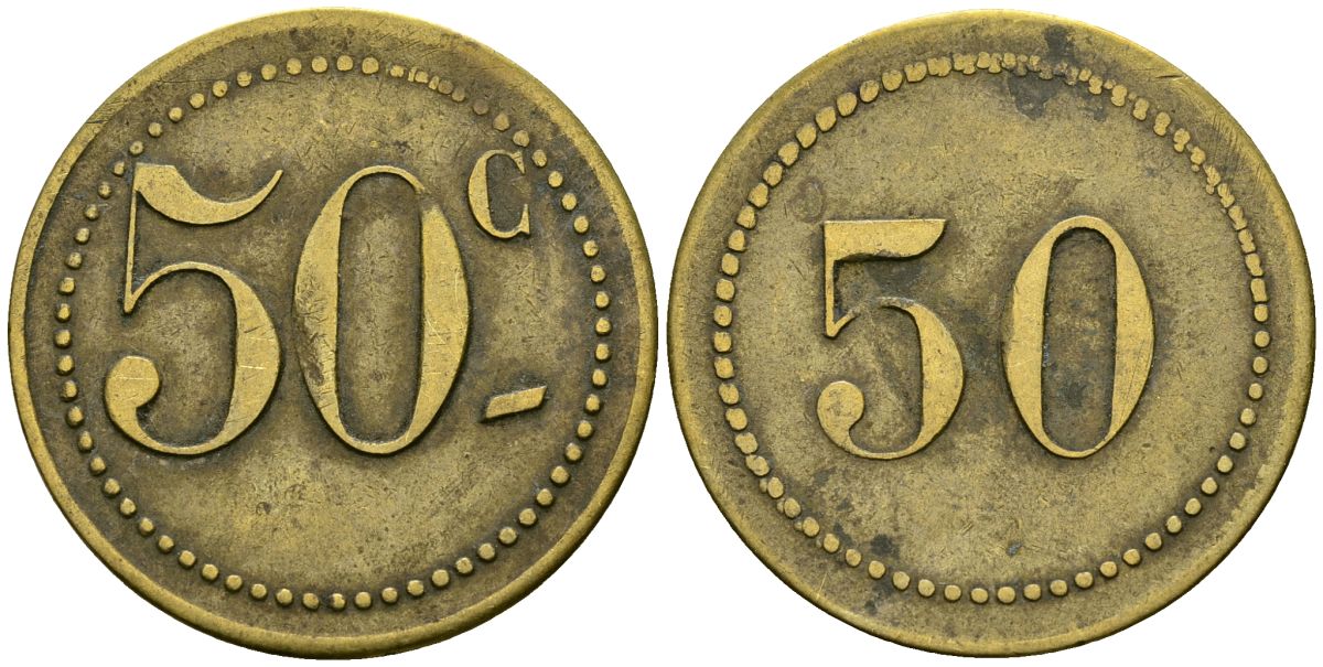 Франция 50 сантимов XIX-XX век ресторанный жетон латунь 4166-1232