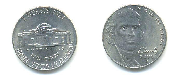 США 5 центов 2006 D, Джефферсон KM 381 медно-никель 86-647