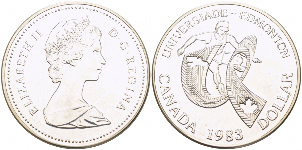 Канада 1 доллар 1983 XII летняя Универсиада в Эдмонтоне KM 138 серебро UNC 1082-2-14