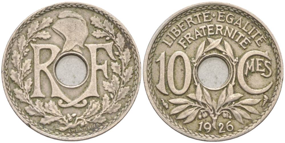 ФРАНЦИЯ 10 САНТИМОВ 1926 ТИП LINDAUER KM 866а, LE FRANC 138.13 медно-никель 55-144