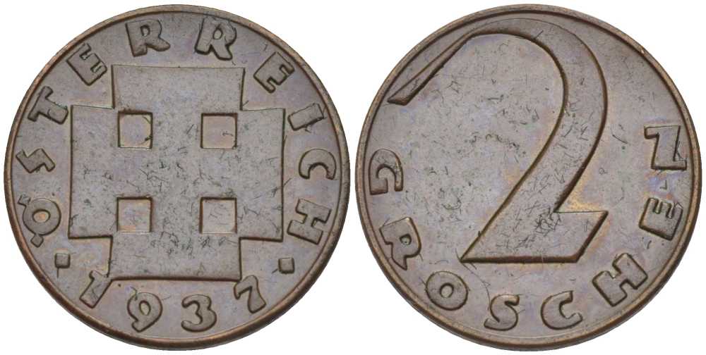 АВСТРИЯ 2 ГРОША 1937 ДОВОЕННАЯ ДЕСЯТИЧНАЯ ЧЕКАНКА KM 2837 бронза 201-216