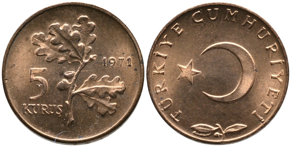 Турция 5 курушей 1971 KM 890.2 бронза UNC 4532-668