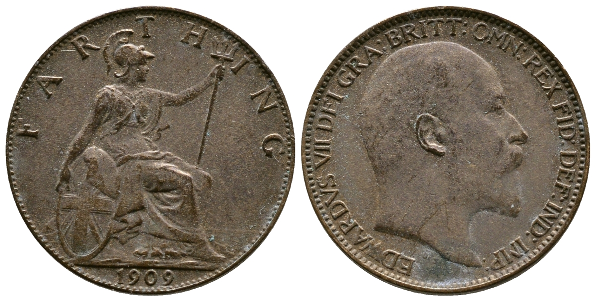 Великобритания 1 фартинг 1909 Эдуард VII (1901-1910), KM 792, Spink 3992 бронза 4384-233