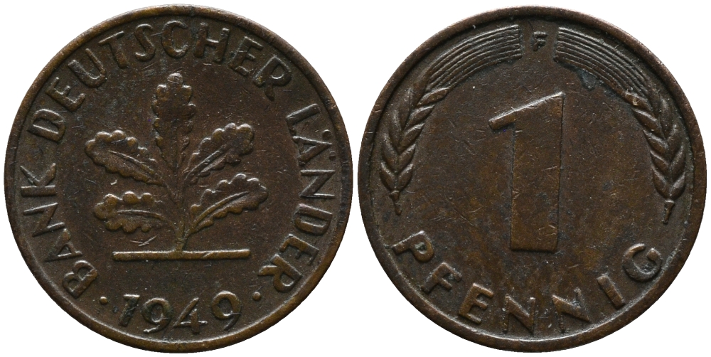 ФРГ 1 пфенниг 1949 F KM А101, J.376 сталь плакированная медью 99-243