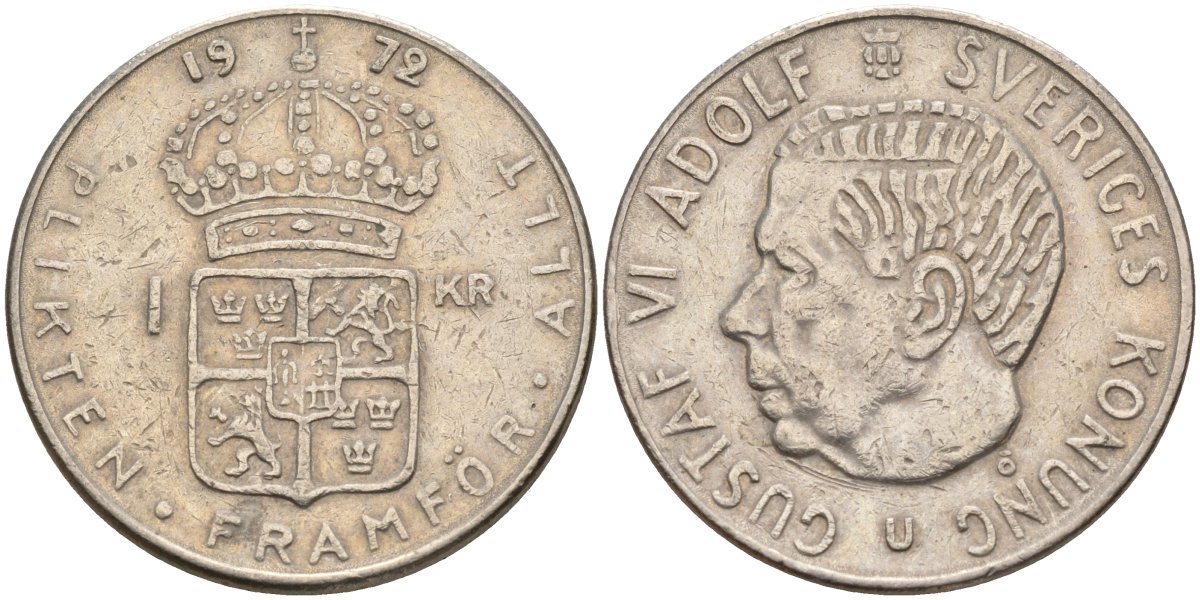 Швеция 1 крона 1972 U, Густав VI Адольф (1950-1973) KM 826a медь плакированный медно-никелем 4150-332