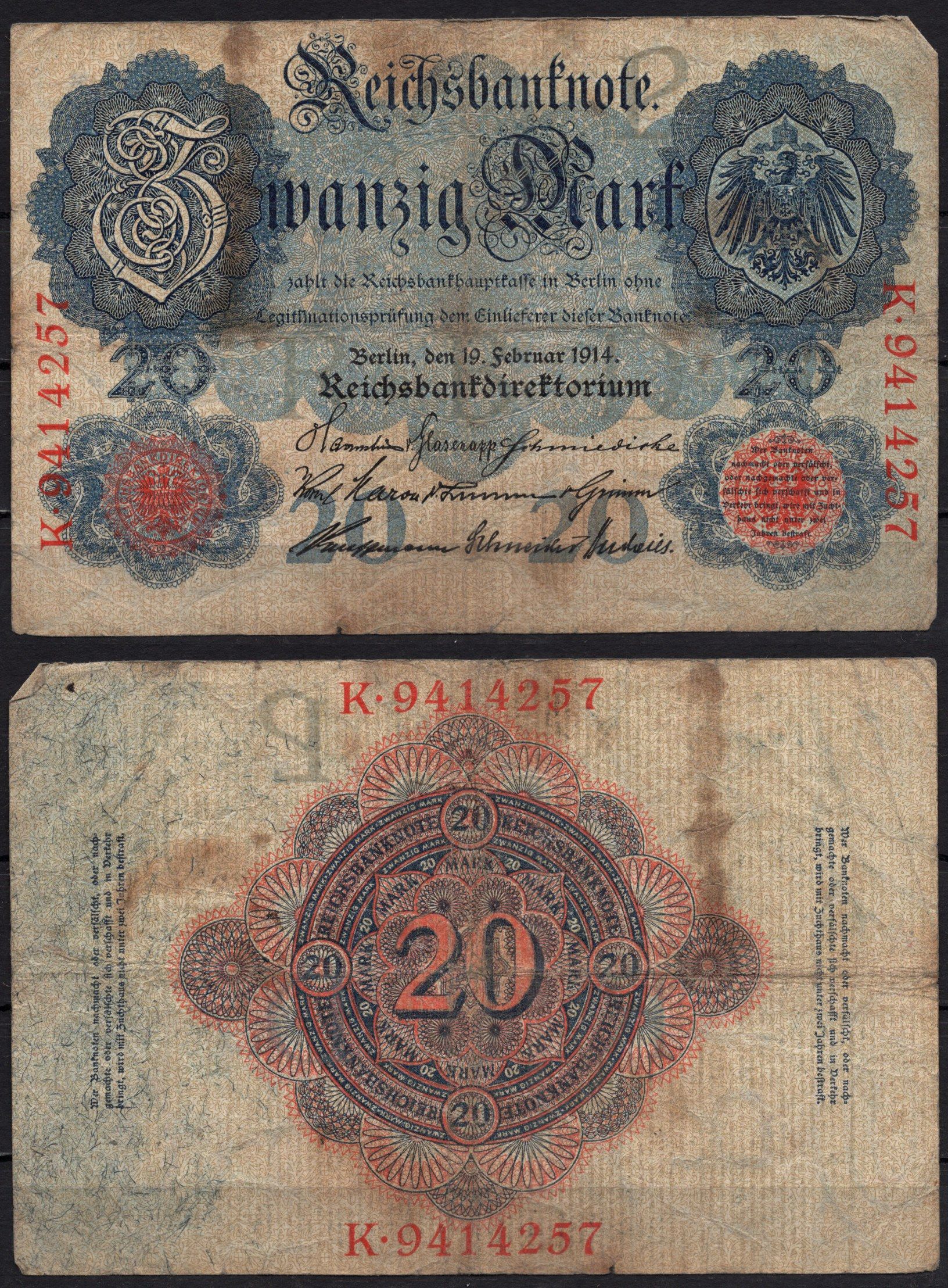 Германия 20 марок 1914 Pick 46b бумага 8592-51-2-2