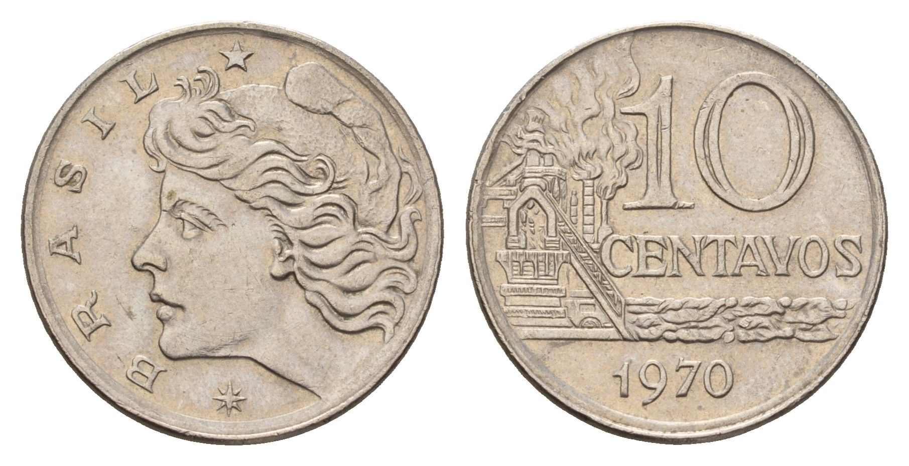 Бразилия 10 сентаво 1970 год-тип KM 578.2 медно-никель 4563-443