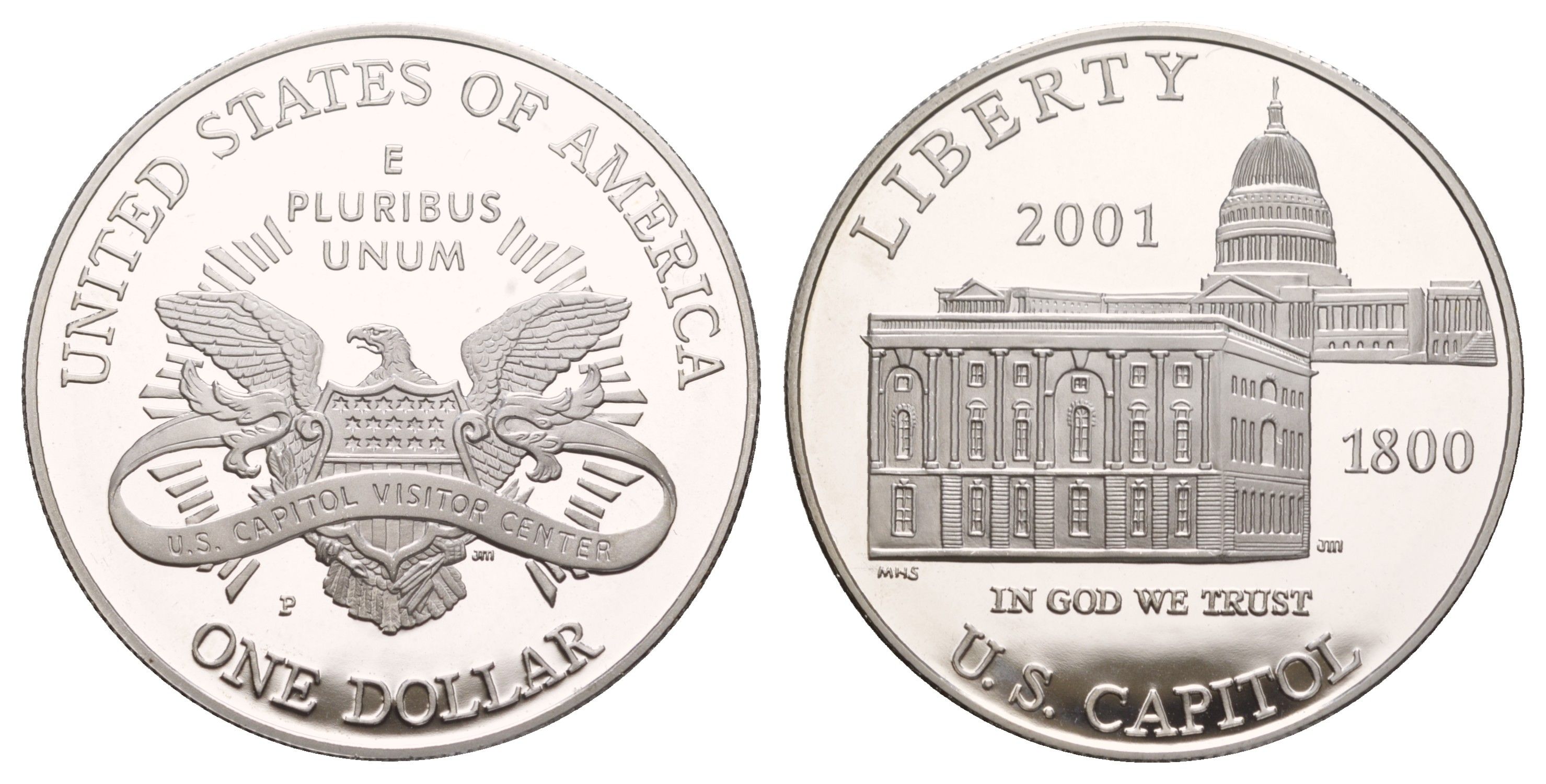 США 1 доллар 2001 P, Центр посещения Капитолия KM 324 серебро PROOF 11-268-12