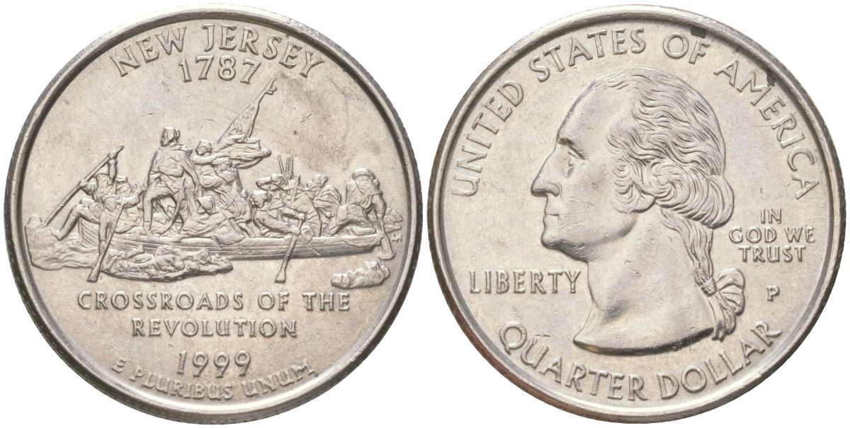 США 25 центов = квотер = 1/4 доллара 1999 Р, серия штаты США, Нью-Джерси KM 295 медь плакированная медно-никелем aUNC 4159-546