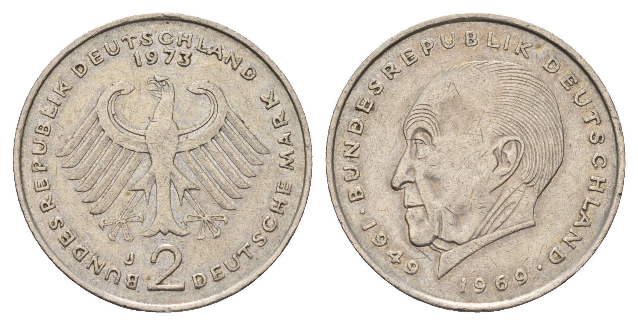 ФРГ 2 марки 1973 J, Конрад Аденауэр KM 124, J. 406 медно-никель 4675-257