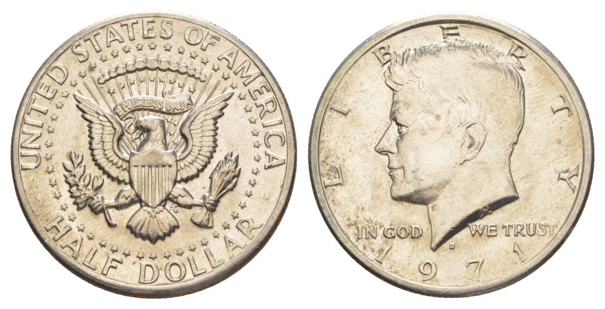 США 1/2 доллара (50 центов) 1971 D, Джон Кеннеди KM 202b медь плакированная медно-никелем aUNC 115-625