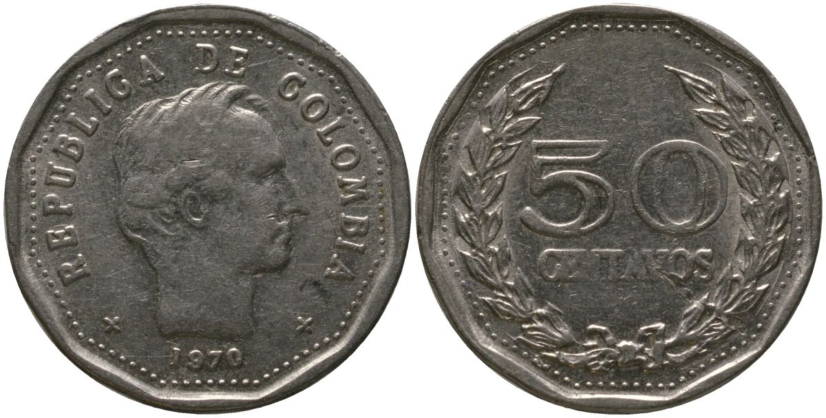Колумбия 50 сентаво 1970 KM 244.1 сталь плакированная никелем 4529-717