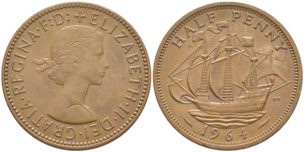 Великобритания 1/2 пенни 1964 Елизавета II (1952-2022) KM 896, Spink 4158 бронза 110-1253
