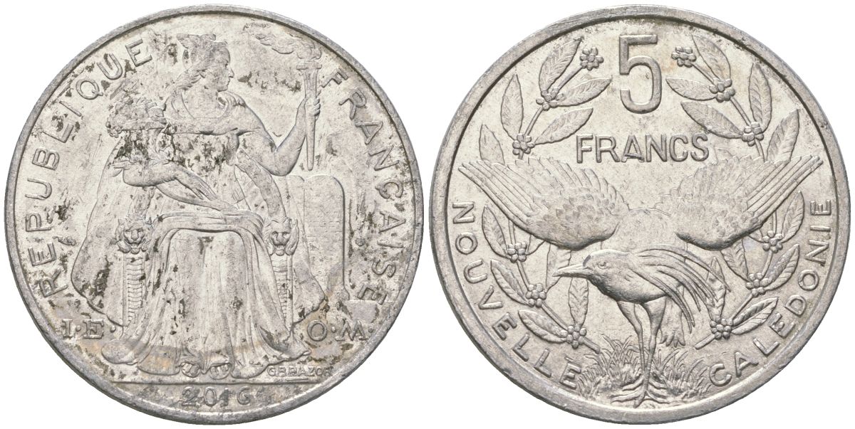 Французская Новая Каледония 5 франков 2016 птица кагу, (IEOM) KM 16, Schoen 12, Lec 81k алюминий 4117-1124