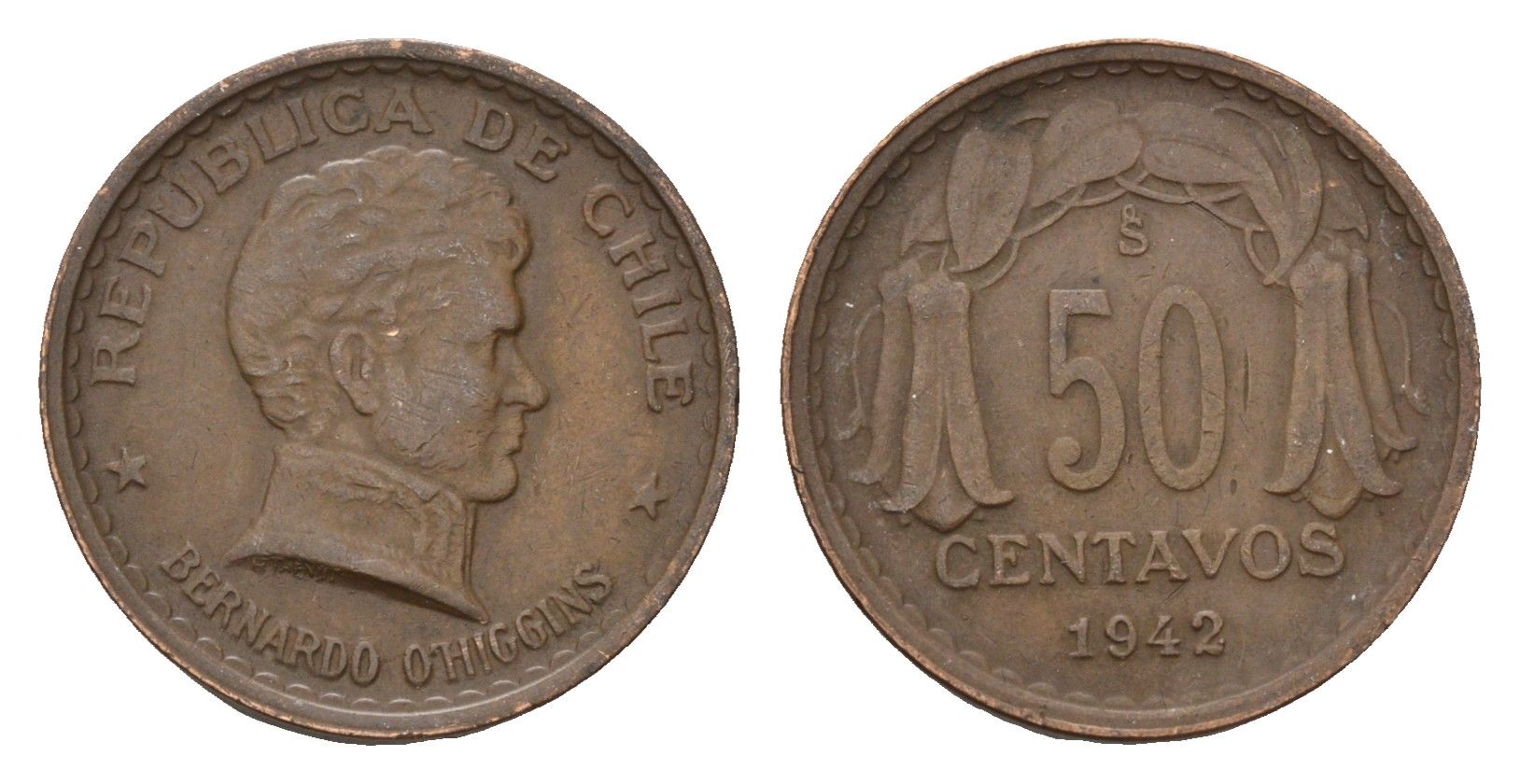 Чили 50 сентаво 1942 год-тип KM 178 медь 4685-842