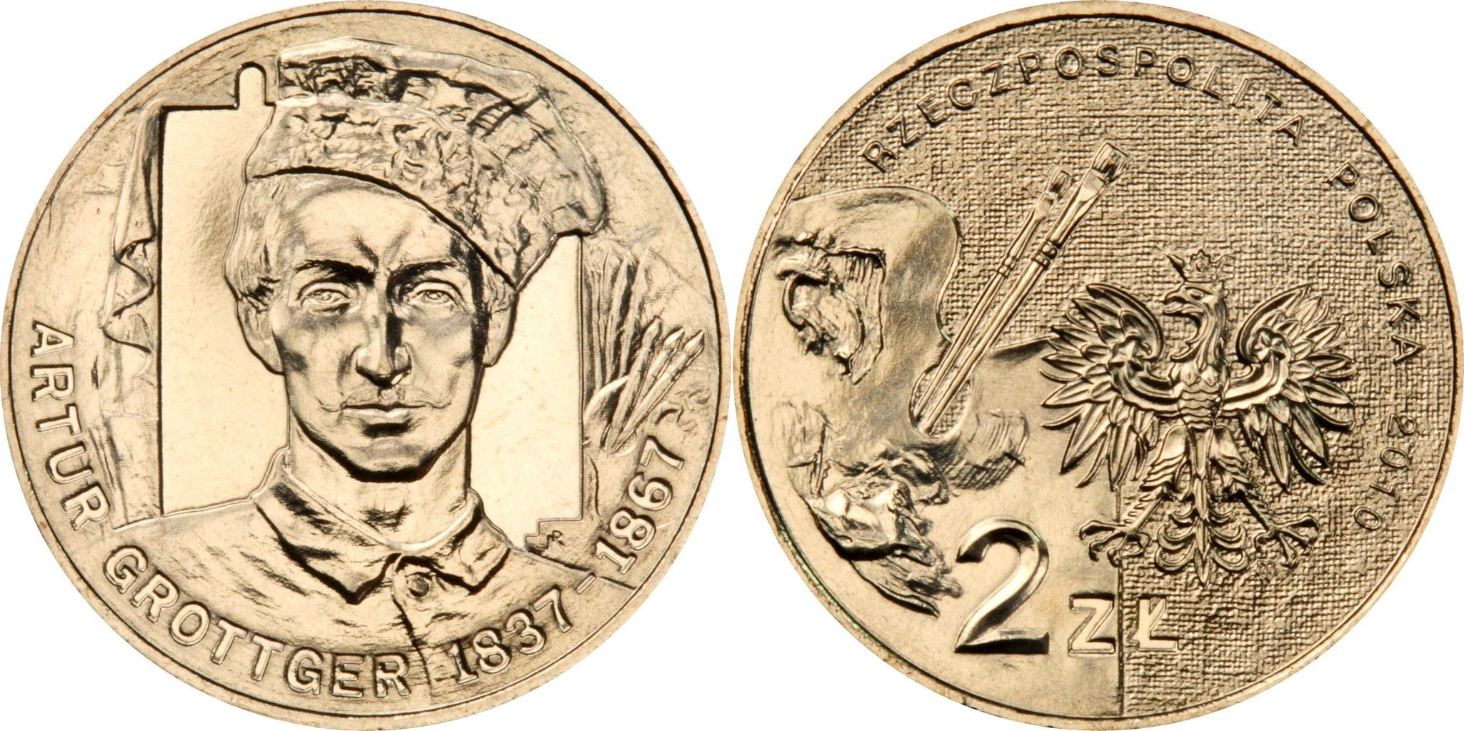 Польша 2 злотых 2010 MW, серия художники Польши, Артур Гротгер (1937-1967) KM 746 нордик  UNC  3457-412