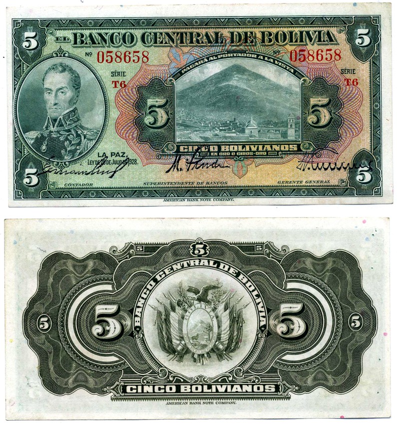 Боливия 5 боливиано 1928 серия Т6, 20 ИЮЛЯ 1928 ГОДА, ПЕРВЫЙ ВЫПУСК, №058658 Pick 120а бумага XF 8616-50-2-1