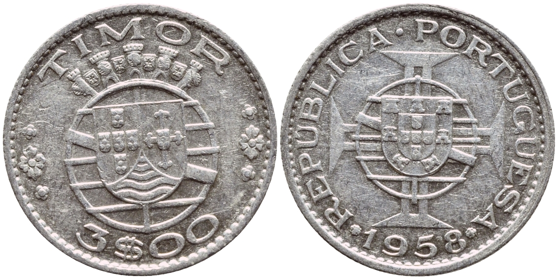 Португальский Тимор 3 эскудо 1958 год тип KM 14 серебро aUNC 63-321