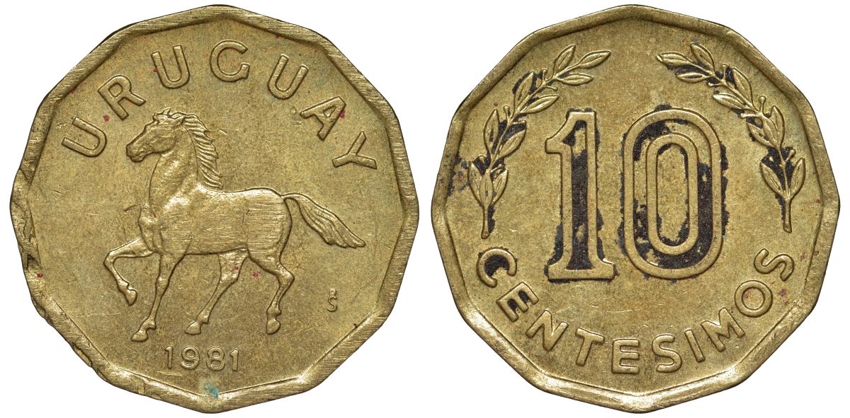 Уругвай 10 сентесимо 1981 KM 66 алюминиевая бронза 4169-469
