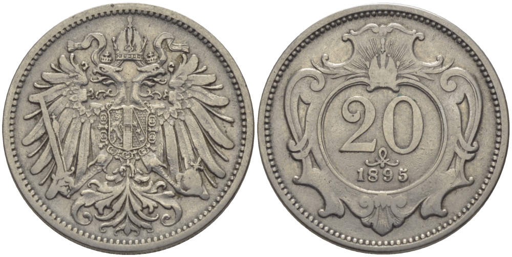 АВСТРИЯ 20 ГЕЛЛЕРОВ 1895 KM 2803 никель 89-431