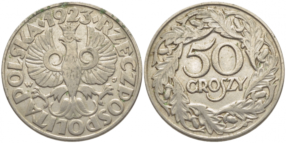 Польша 50 грошей 1923 Республика KM 13, Parchimowicz 106 никель 3856-1115