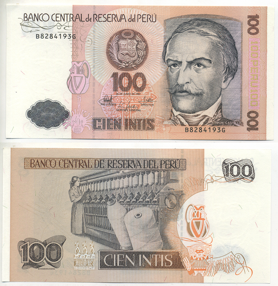 Перу 100 инти 1987 Рамон Кастилья, прядильная машина Pick 133 бумага UNC (пресс) 7553-12-3