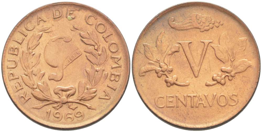 КОЛУМБИЯ 5 СЕНТАВО 1969 KM 206а сталь плакированная медью 4519-613
