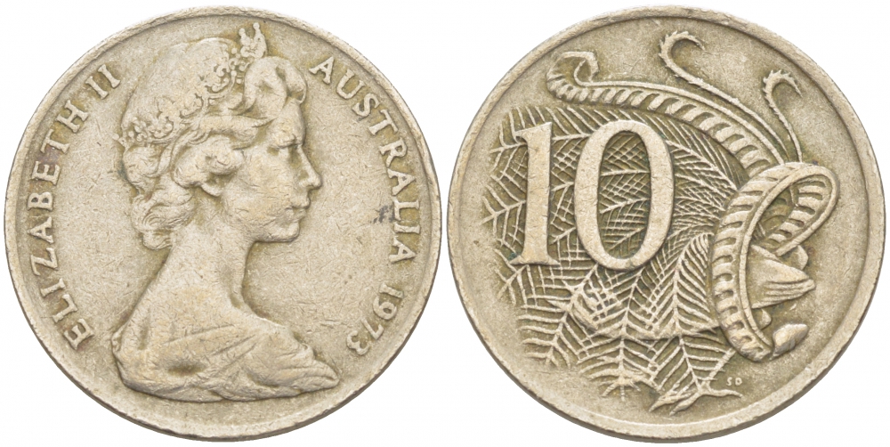 Австралия 10 центов 1973 Елизавета II (1952-), птица лирахвост KM 65 медно-никель 3457-643