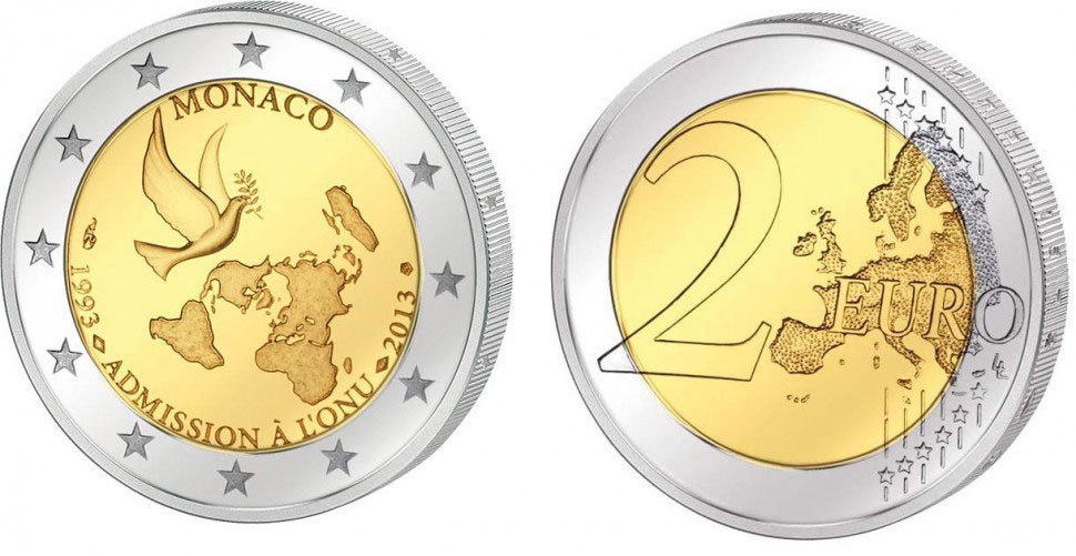Монако 2 евро 2013 20 лет вступления в ООН KM 200 биметалл UNC M11-08