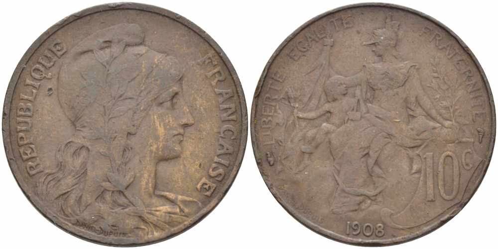 ФРАНЦИЯ 10 САНТИМОВ 1908 ТИП ДАНИЭЛЬ ДЮПЮИ KM 843, LA FRANC 136.18 бронза 109-234