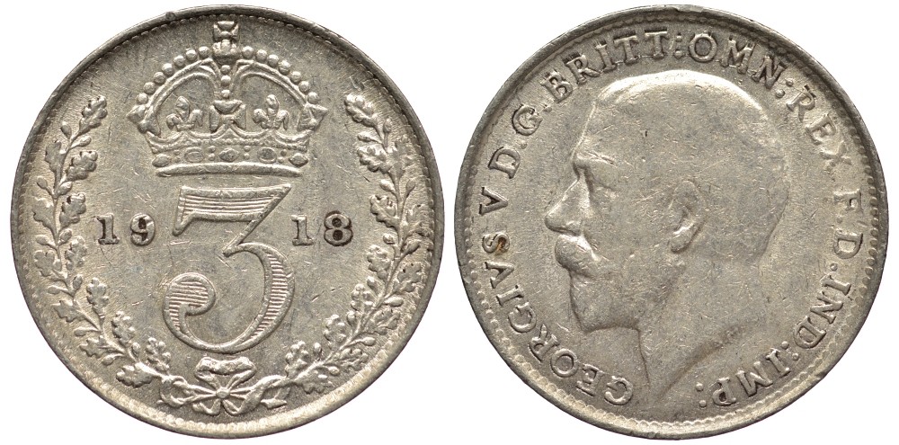Великобритания 3 пенса 1918 Георг V (1910-1936) KM 813, Spink 4015 серебро 4528-459