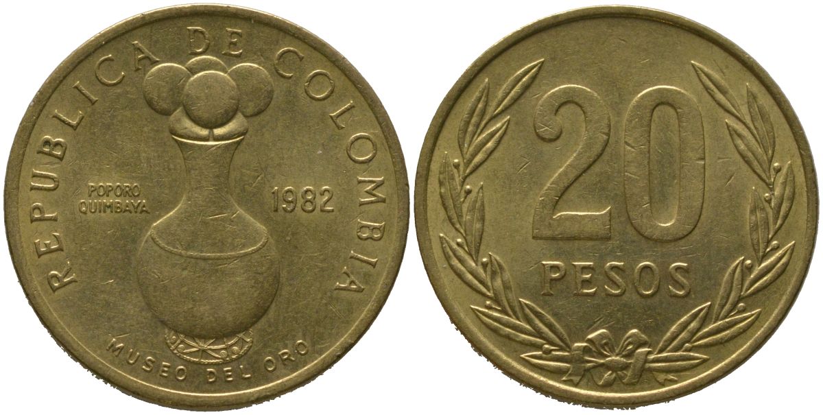 Колумбия 20 песо 1982 KM 271 алюминиевая бронза 4529-922