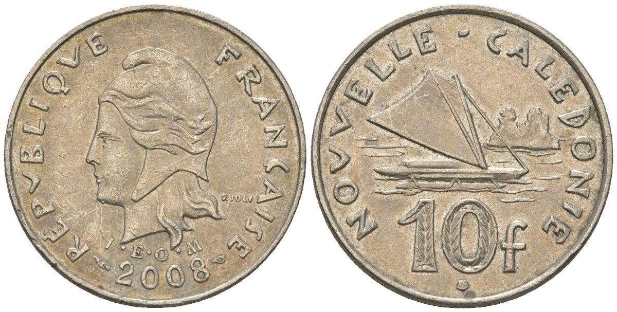 Французская Новая Каледония 10 франков 2008 рыбачья парусная лодка, (IEOM) KM 11a, Schoen 13a, Lec 99k медно-никель 60-932