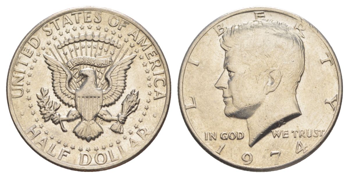 США 1/2 доллара (50 центов) 1974 Джон Кеннеди KM 202b медь плакированная медно-никелем aUNC 4536-422