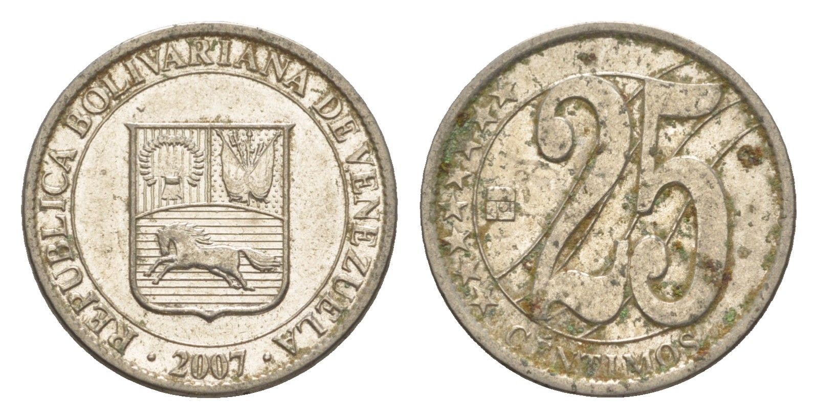 Венесуэла 25 сентимо 2007 Y 91 сталь плакированная никелем 4582-421