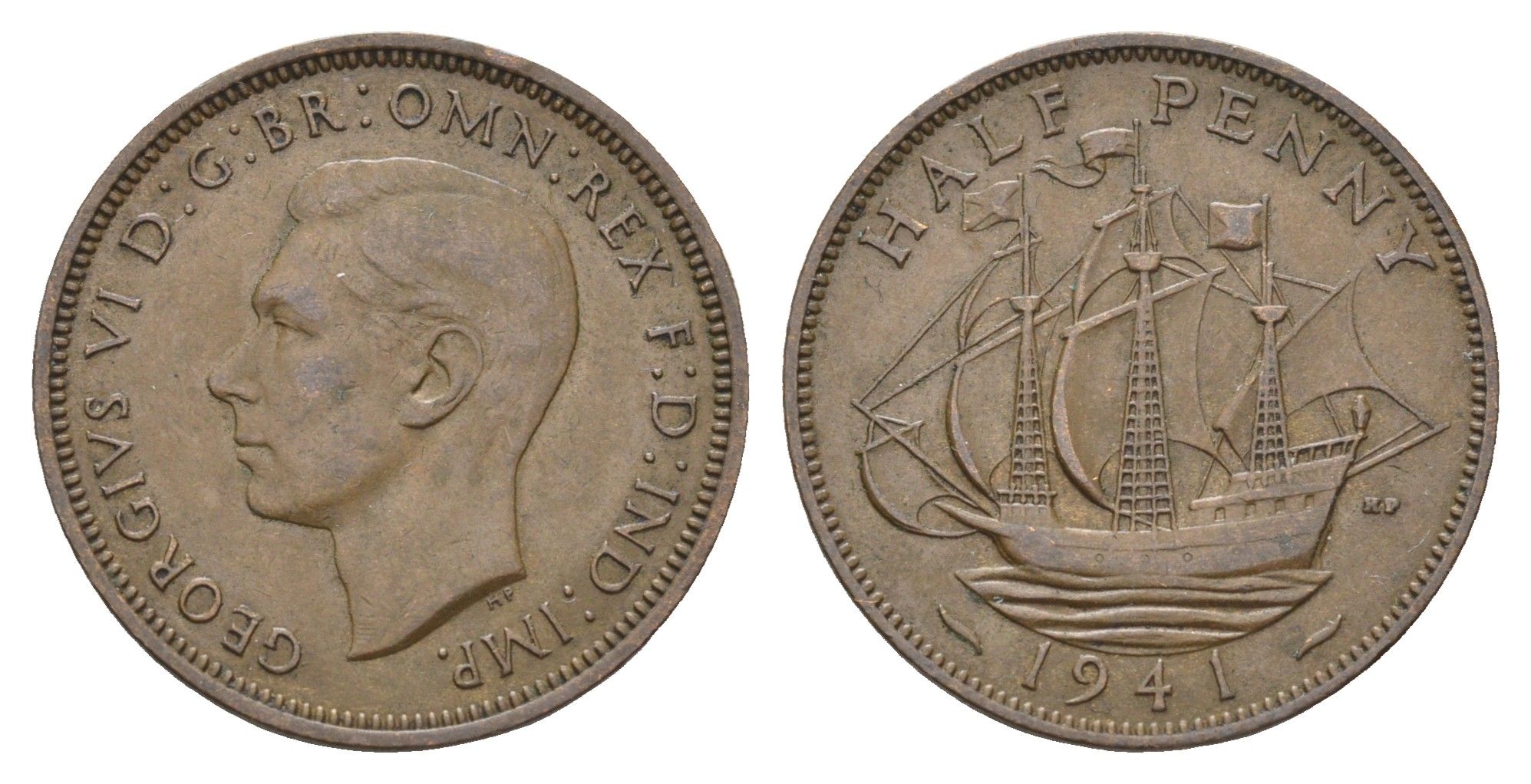 Великобритания 1/2 пенни 1941 Георг VI (1936-1952) KM 844, Spink 4115 бронза    4660-615