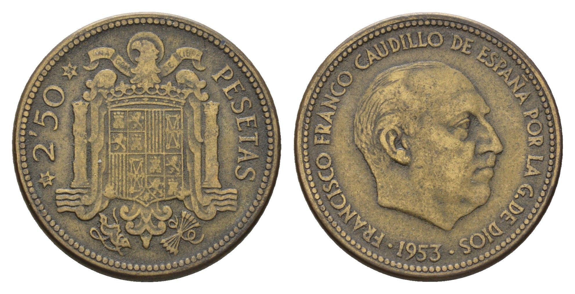 Испания 2,5 песеты 1953 (54) Франсиско Франко (1939-1975) KM 785 алюминиевая бронза 4119-1224