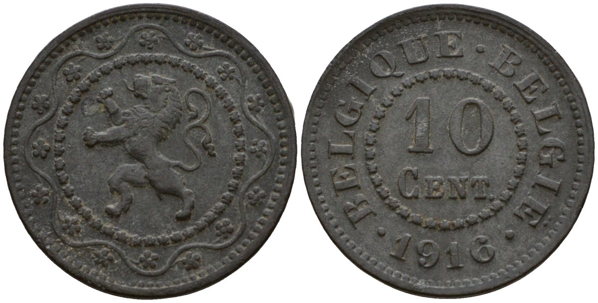 Бельгия 10 сантимов 1916 германская оккупация Первая мировая война, Альберт I (1910-1934) KM 81 цинк 4601-623