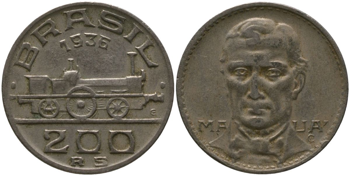 Бразилия 200 рейсов 1936 Виконт ди Мауа KM 537 медно-никель 4575-153