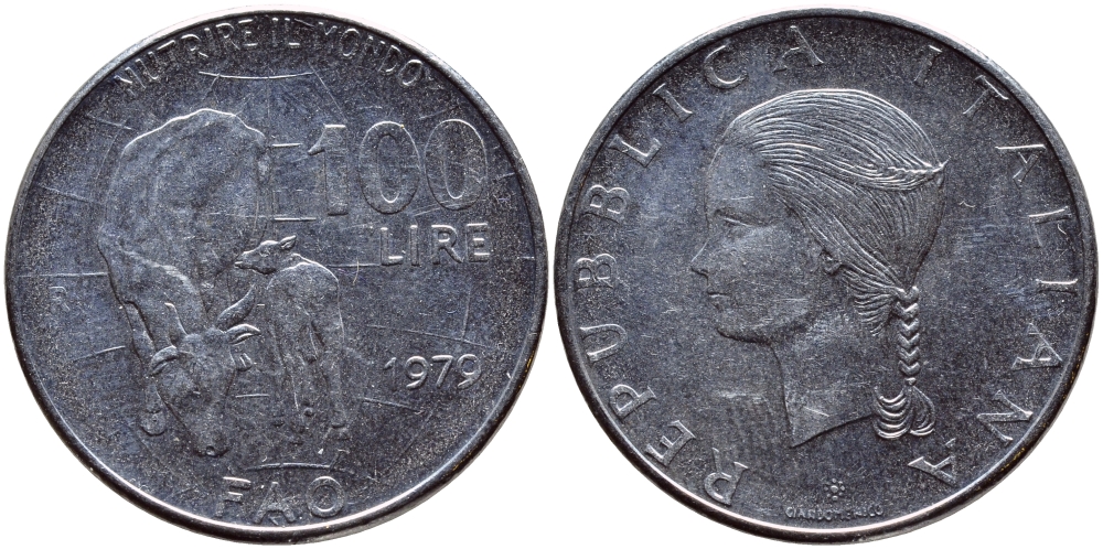 Италия 100 лир 1979 R, FAO, корова с теленком KM 106 нержавеющая сталь 4398-1042