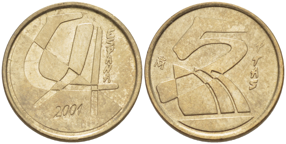 ИСПАНИЯ 5 ПЕСЕТ 2001 ХУАН КАРЛОС I ( 1975-) KM 833 алюминиевая бронза 4181-1116