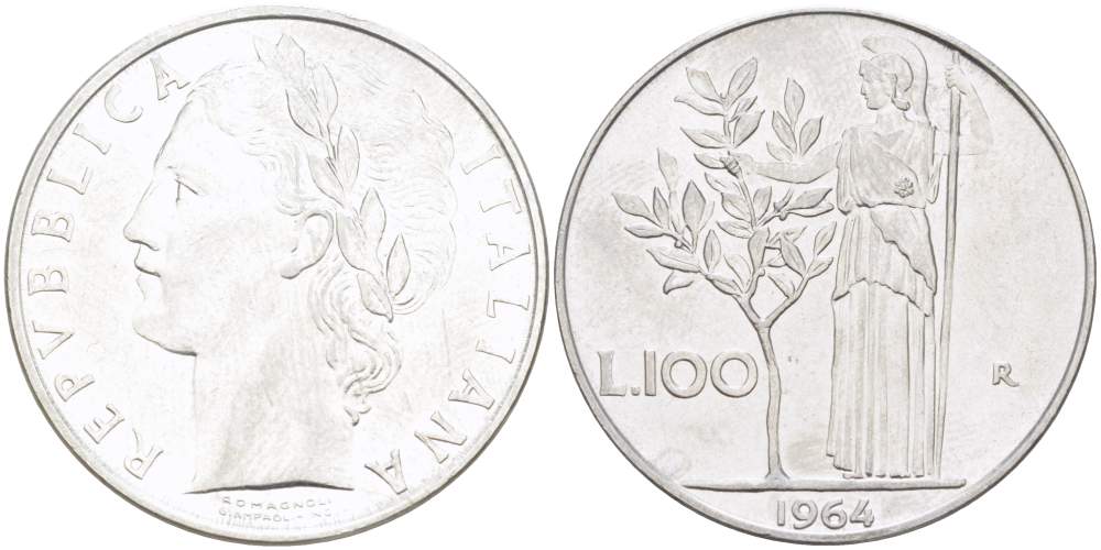 ИТАЛИЯ 100 ЛИР 1964 R, АФИНА, ДИАМЕТР 28 ММ. KM 96.1 нержавеющая сталь 4521-916
