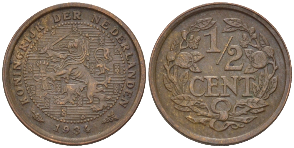 НИДЕРЛАНДЫ 1/2 ЦЕНТА 1934 ВИЛЬГЕЛЬМИНА (1890-1948) KM 138 бронза 39-227