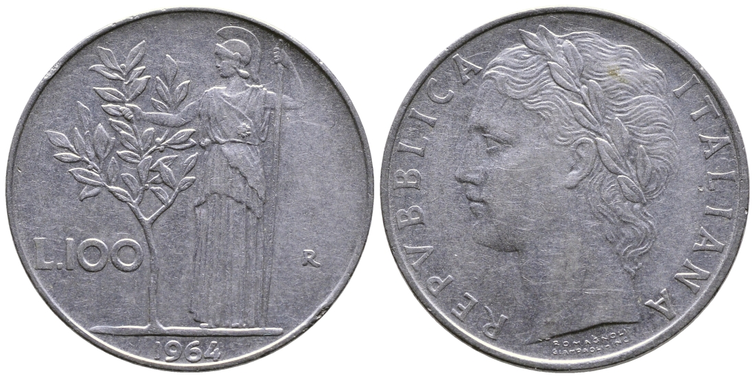 ИТАЛИЯ 100 ЛИР 1964 R, АФИНА KM 96.1 нержавеющая сталь 4379-1211