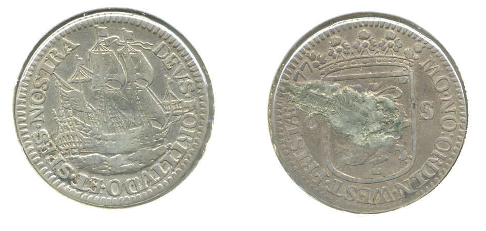 НИДЕРЛАНДЫ ЗАПАДНАЯ ФРИЗИЯ 6 ШТЮБЕРОВ 1677 ПАРУСНИК KM 76 серебро 503-424