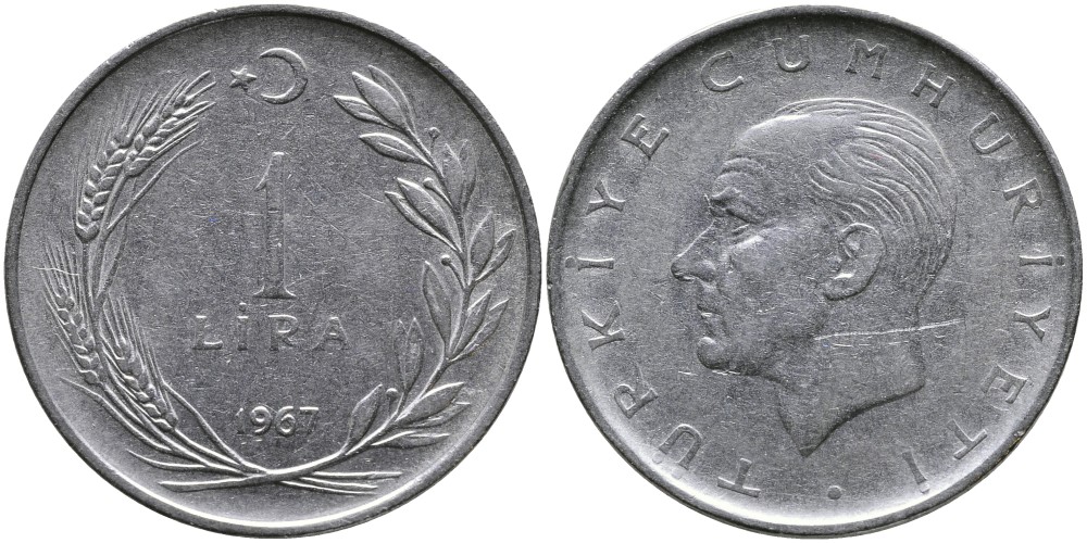 Турция 1 лира 1967 Мустафа Кемаль Ататюрк KM 889а.2 нержавеющая сталь 4541-1237