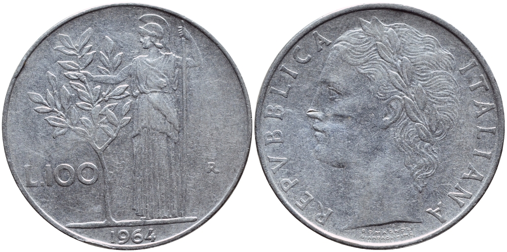 ИТАЛИЯ 100 ЛИР 1964 R, АФИНА KM 96.1 нержавеющая сталь 4394-545