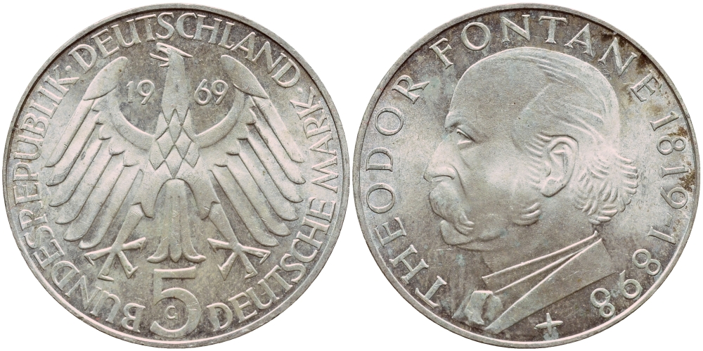 ФРГ 5 марок 1969 G, 150 лет со дня рождения Теодора Фонтана J. 399, KM 125.1 серебро aUNC 1529-233