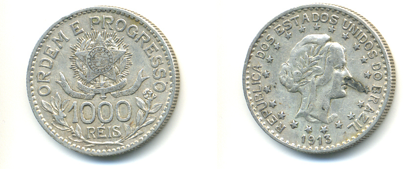 Бразилия 1000 рейс 1913 А, голова Свободы вправо KM 513 серебро 89-1331